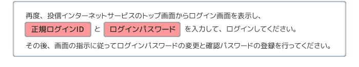 再度、投信インターネットサービスのトップ画面からログイン画面を表示し、「正規ログインID」と「ログインパスワード」を入力して、ログインしてください。その後、画面の指示に従ってログインパスワードの変更と確認パスワードの登録を行ってください。