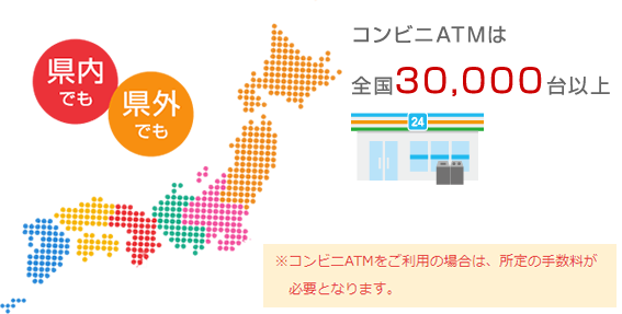 県内でも　県外でも コンビニATMは全国30,000台以上 コンビニATMをご利用の場合は、所定の手数料が必要となります。